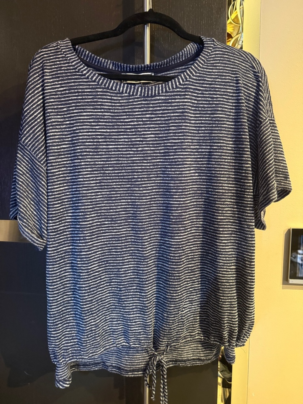 Navy and White Striped Short-Sleeve Drawstring Hem Top